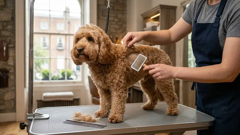 Line brushing technique demonstrated on a Cavapoo's coat with slicker brush and metal comb