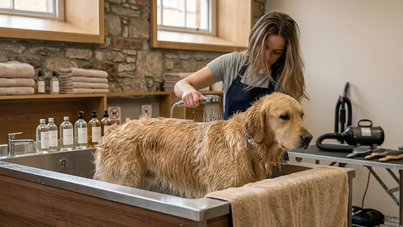 Dog being gently bathed and dried after a trip to Killiney Beach in a Dublin grooming salon
