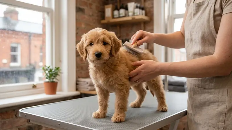 Young puppy being gently brushed during a first grooming visit in a Dublin salon