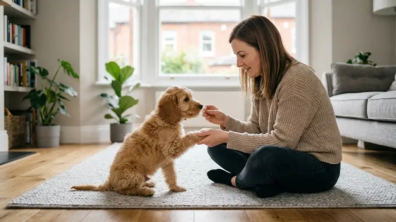 Owner gently handling a puppy's paw at home to prepare for a first groom